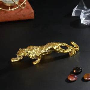 tied ribbons decorative golden panther jaguar leopard sculpture showpiece animal figurines statue (resin, 4 cm x 18 cm) for home decor bedroom table office decoration gifting items